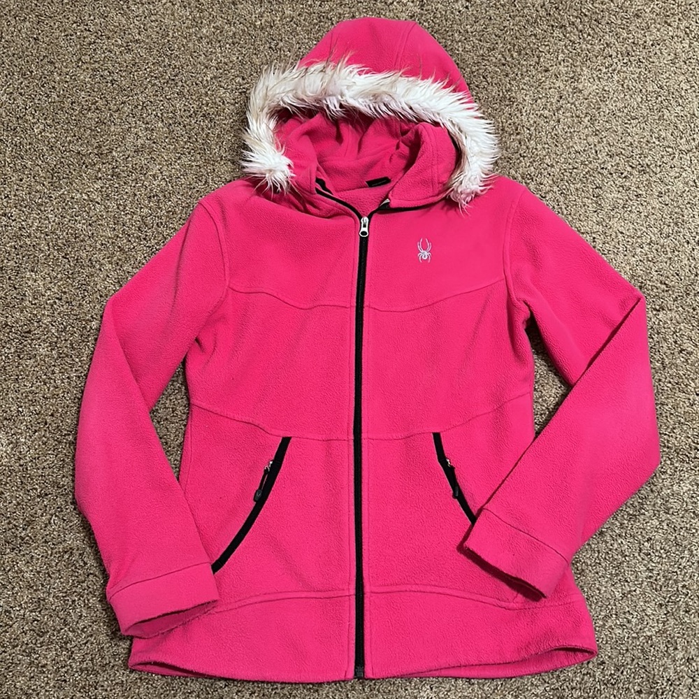 SPYDER WOMEN'S Y2K PINK FAUX FUR FULL ZIP HOODED JACKET COAT SIZE LARGE